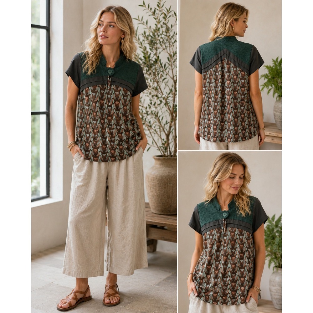 Skunkfunk‎ SKFK Womens XS Geometric Leaf Print Tunic Top Boho Art to Wear Green